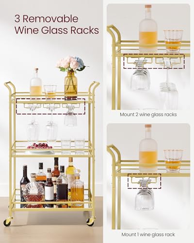 3-Tier Gold Bar Cart with Mirrored Shelves and Wine Glass Rack