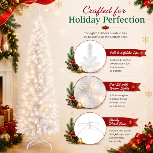 6ft White Pre-Lit Slim Artificial Christmas Tree with 260 Warm White LED Lights - Family & Pet-Friendly