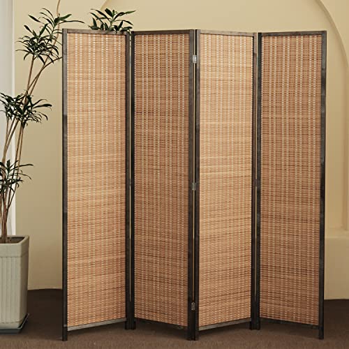 Furnnylane Brown 4-Panel Bamboo Room Divider - 5.6 ft Tall Folding Privacy Screen