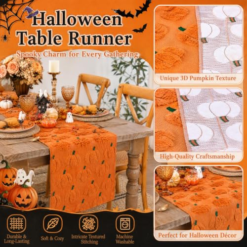LuoluoHouse Fall Table Runner with 3D Faux Pumpkin Design, Caramel, 13x48 Inch