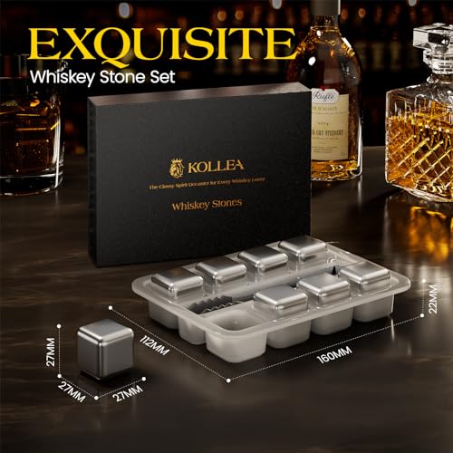 Kollea 8-Pack Stainless Steel Whiskey Stones Set with Tongs & Freezer Tray, Silver - Reusable Chilling Rocks Gift