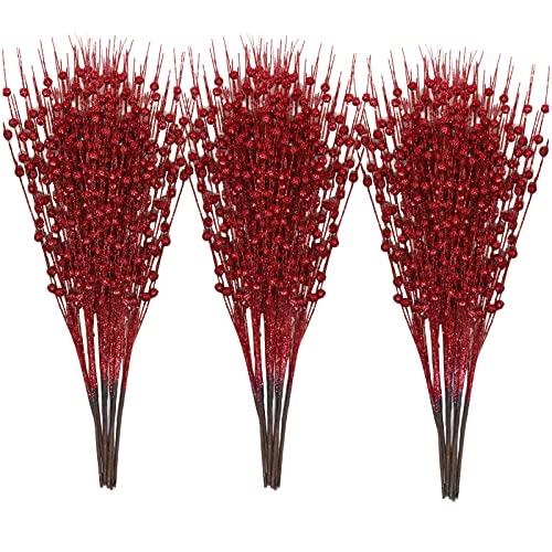 Red Glitter Holly Berry Stem Ornaments - 24 Pack for Christmas Decor
