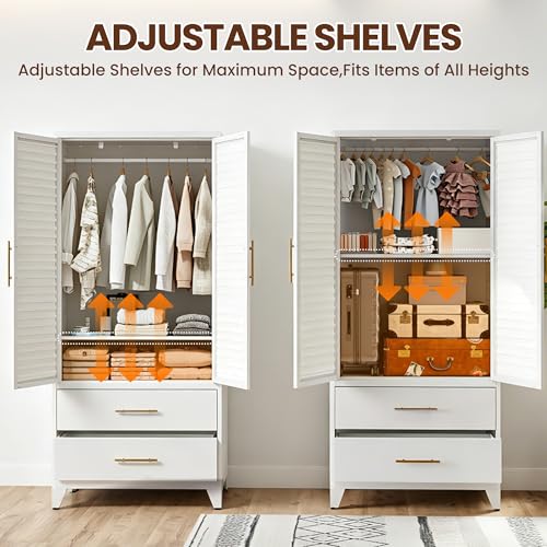 Metal Wardrobe Closet with Adjustable Shelves, Hanging Rod, and 2 Drawers