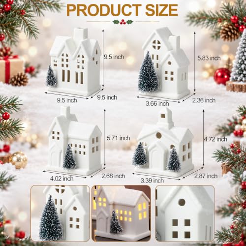 FTEJUWJ 4-Piece Ceramic Christmas Village Set with LED Lights Glitter Snow Scene