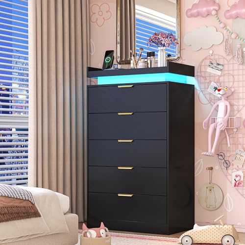 5-Drawer Tall Dresser with LED Lights, Power Outlet & USB Charging Station