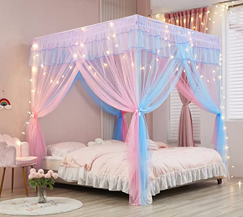 Rainbow Canopy Bed Curtains with Lights - Princess Bed Netting, Full Size