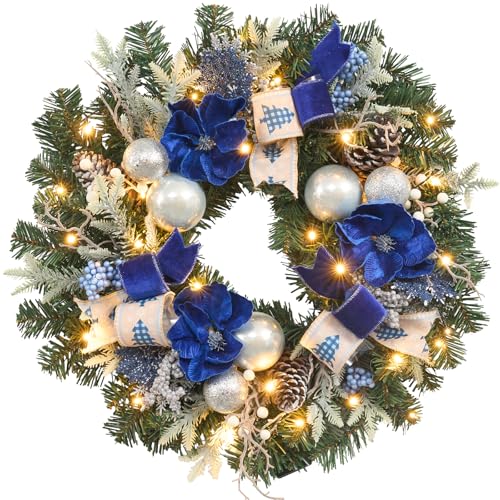 22-Inch Pre-Lit Christmas Wreath with Timer, Blue and Silver Magnolia Decor