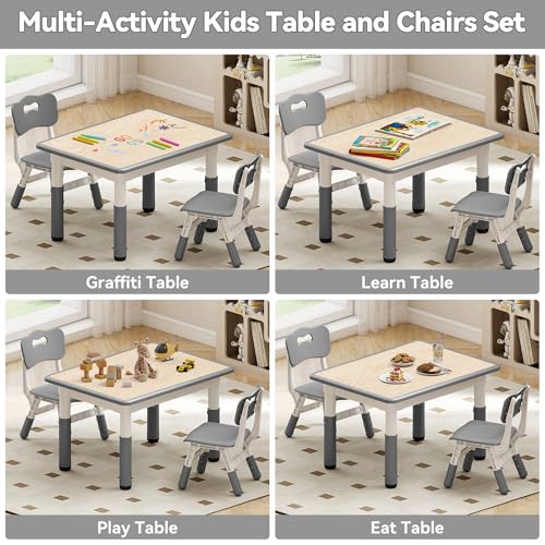 GITAWUSA Kids Study Table & 2 Chairs Set, Height Adjustable, Graffiti Desktop, Grey