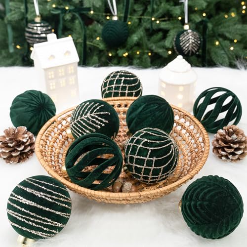 Hismir Dark Green Velvet Christmas Tree Ornaments Bulk 12 Pcs 3.15 Inch Flocked Balls