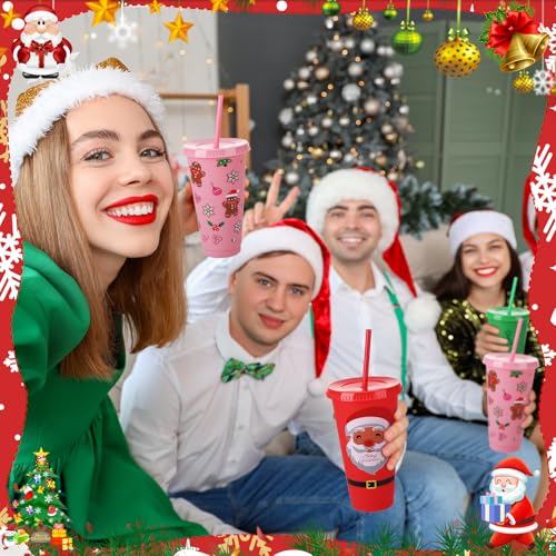 Red Green 12 Pcs Christmas Plastic Cups with Lids & Straws, 24 oz
