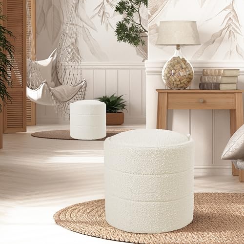 18-Inch Round Storage Ottoman – Cream Boucle Footstool with Lift-Off Lid