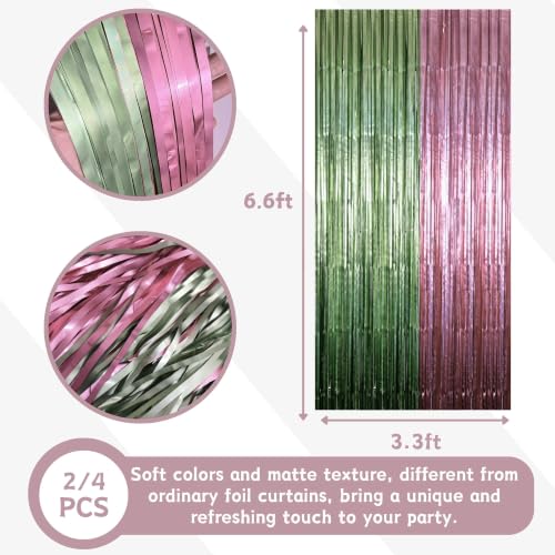 Dusty Pink & Sage Green Foil Fringe Curtain Backdrop - 2 Pack (3.3 x 6.6 ft)