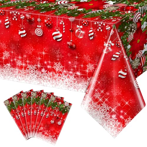 6Pcs Red Candy Tablecloth Decorations 54x108in Christmas Snowflake Plastic