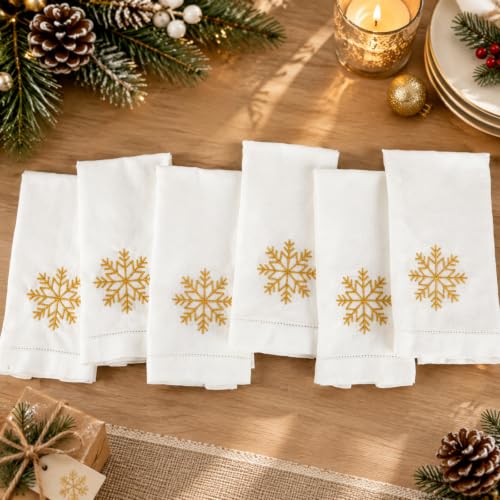 CrystalSylara 6-Pack Snowflake Embroidered Linen Napkins 18x18 inches — Festive Christmas Table Decor