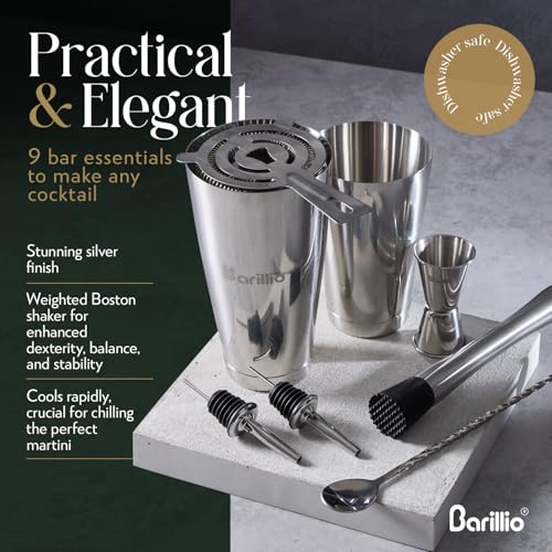Barillio Silver Weighted Boston Cocktail Shaker Set with Strainer & Accessories - 9-Piece Bar Tool Kit for Home Mixology