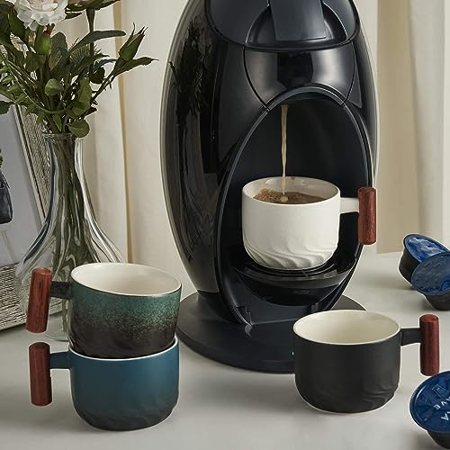 6oz Ceramic Espresso Cups with Wooden Handles - Set of 4 Coffee & Tea Mugs