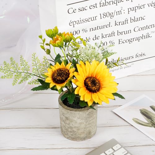 Artificial Sunflower Pot with Eucalyptus Leaves - 21 cm