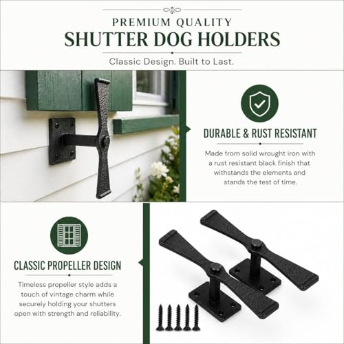 Wrought Iron Shutter Dogs - 5.75 Inch Propeller Style - Black - Pack of 3