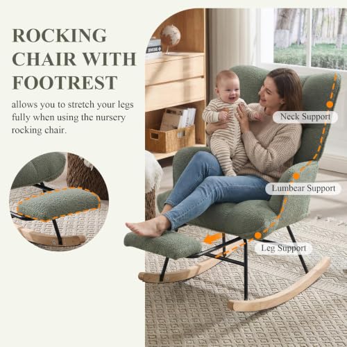 Teddy Fabric Nursery Rocking Chair with Footrest and Side Pocket - Green