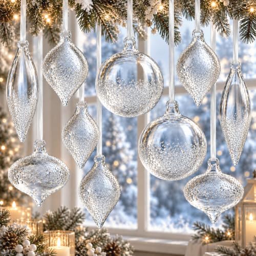 Seenelling 10 Pcs Clear Glass Finial Christmas Ornaments with White Velvet Ribbons - Classic & Vintage Style