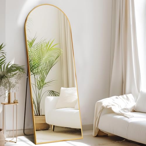 56" x 15" Arched Full Length Mirror, Gold Aluminum Frame Floor Standing Mirror