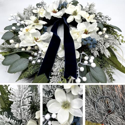 24 Inch White Magnolia Winter Wreath with Navy Ribbon & Silver Berries