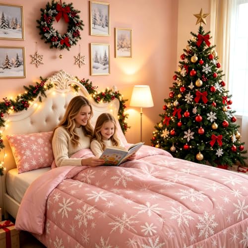 Erosebridal Christmas Comforter Set Queen - Pink Snowflake 3D Print, 90x90