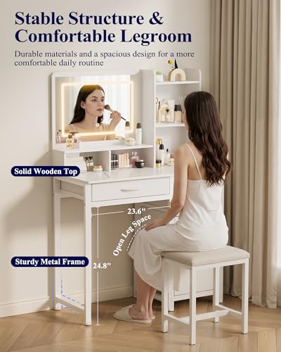 White Makeup Vanity Desk with Lighted Mirror and 4 Storage Drawers