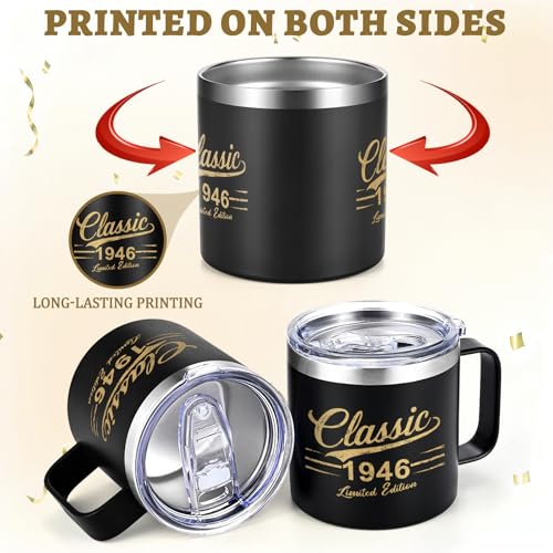 80th Birthday Gifts for Men - Classic 1946 Insulated Coffee Mug with Lid & Straw, 14oz Black