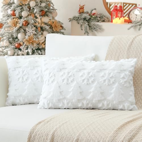 OTOSTAR 2-Pack Christmas Tree Snowflake Faux Fur Pillow Covers 12x20 White