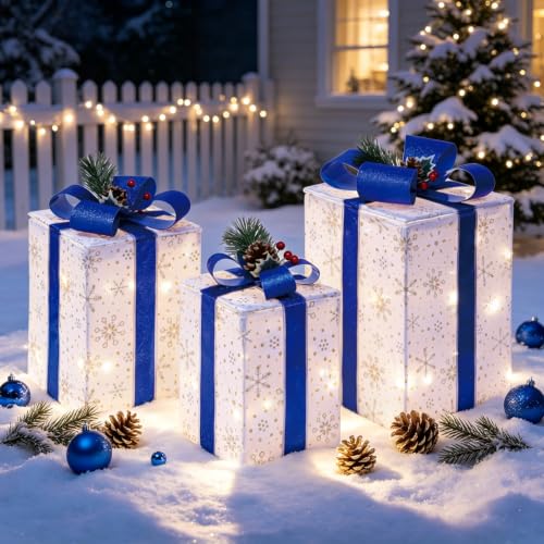 DomKom Blue Rectangular Lighted Gift Boxes Set of 3 Christmas Decorations