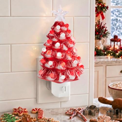 Red Ceramic Christmas Tree Nightlight - Hand Painted Holiday Decor, Plug-in Night Lamp, 6.7in