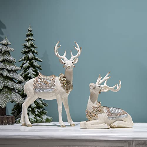 Newman House Studio 2-Pack Sitting Reindeer Figurines Christmas Decor - Cream & Gold, 10.6 x 4.5 x 9.5 inches