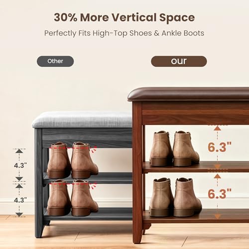Solid Wood Shoe Bench with Hidden Storage and Adjustable Shelves, Walnut