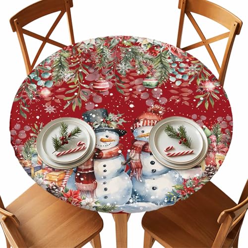 Chucoco Christmas Snowman Round Table Cover 36-44 Inch Elastic Waterproof Red & White