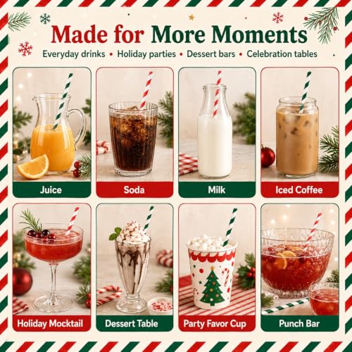 NINU 100 Pack Christmas Paper Straws - Red & Dark Green Striped (Variation: Christmas-C)