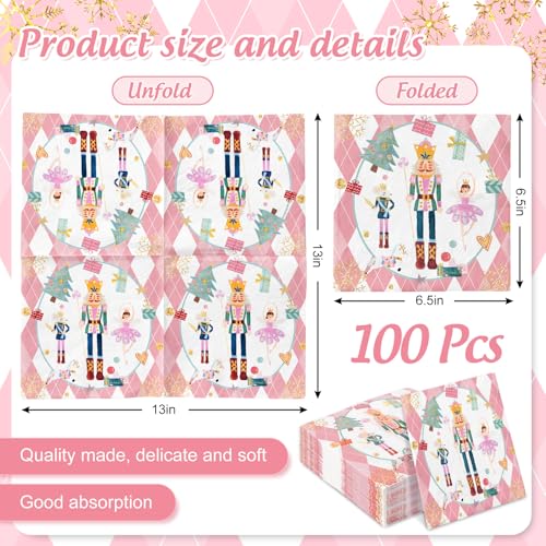 Pink Christmas Nutcracker Paper Napkins 100Pcs Disposable Holiday Party Supplies