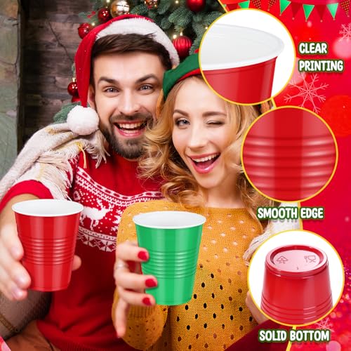 Hauwellter 100 Pcs Red and Green Christmas Plastic Cups 12oz - Disposable Holiday Party Supplies