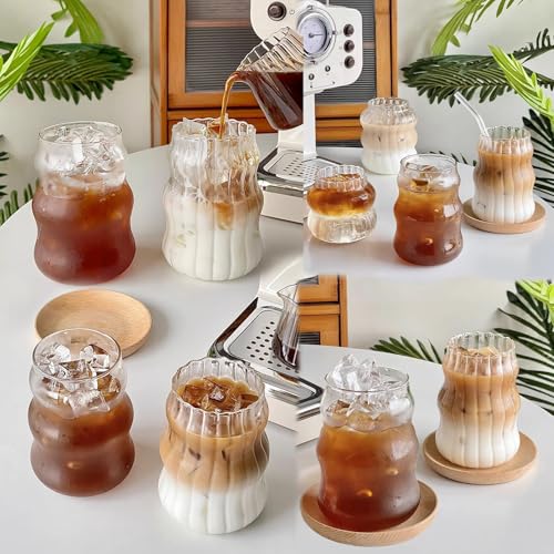 2 Pcs Ribbed Glass Cups, 18 Oz Vintage Wavy Drinkware for Iced Coffee