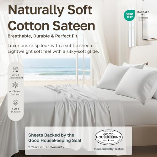 California Design Den Bright White Queen Cotton Sateen Sheets 4-Piece Set - Queen / 01