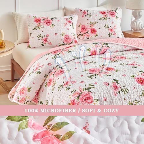 UOZZI BEDDING Queen Size Floral Quilt Set - 3-Piece Microfiber Bedspread