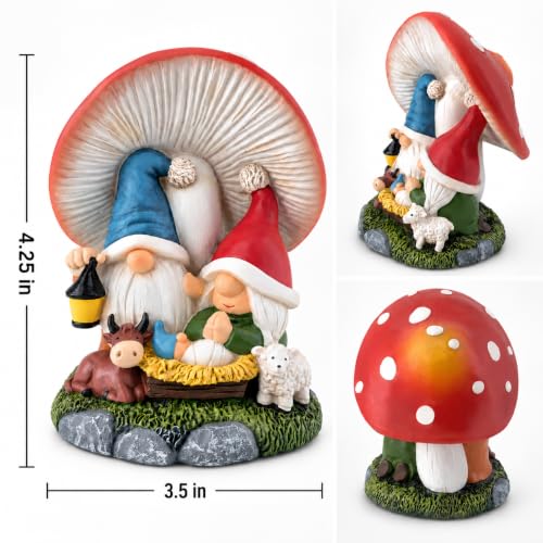Hodao Mushroom Nativity Scene Gnome Figurine - Whimsical Christmas Manger Decoration