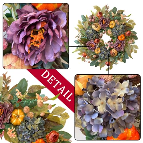 24-Inch Fall Front Door Wreath with Hydrangeas, Peonies, and Pumpkins