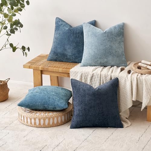 MIULEE Soft Chenille Throw Pillow Covers 18x18 Inch, Blue Series - Set of 4