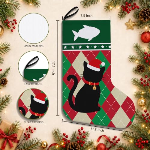LRyeisahh Black Cat Christmas Stockings, Plaid Linen 17in Xmas 20 Variation