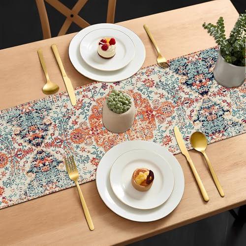 Kerton Stork Orange Blue 13x72 Inch Boho Table Runner, Linen Waterproof
