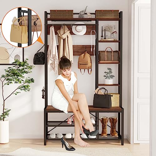 Rustic Hall Tree with Shoe Storage Bench and Coat Hooks, 5-Tier Shelves