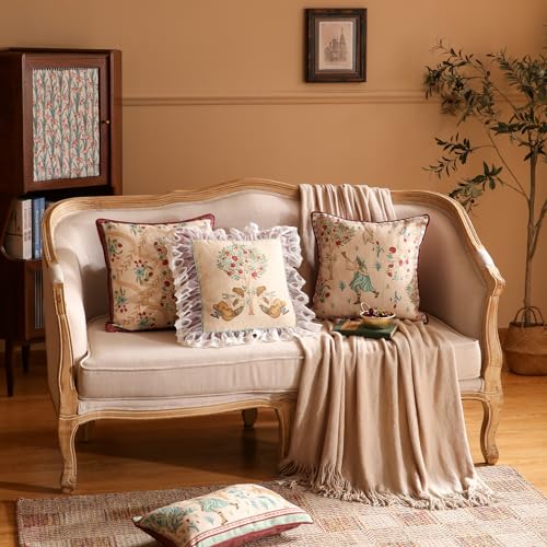 patdrea 18x18 Inch Pack of 2 Vintage Linen Square Throw Pillow Covers with Beige Idyll Pattern