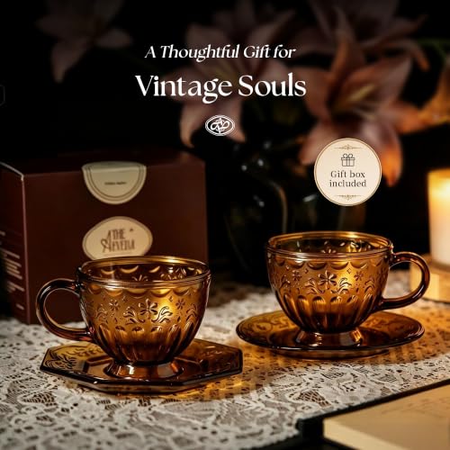 Golden Amber Vintage Glass Tea Cup & Saucer Set 12oz Octagonal Design – Elegant Coffee & Tea Mug