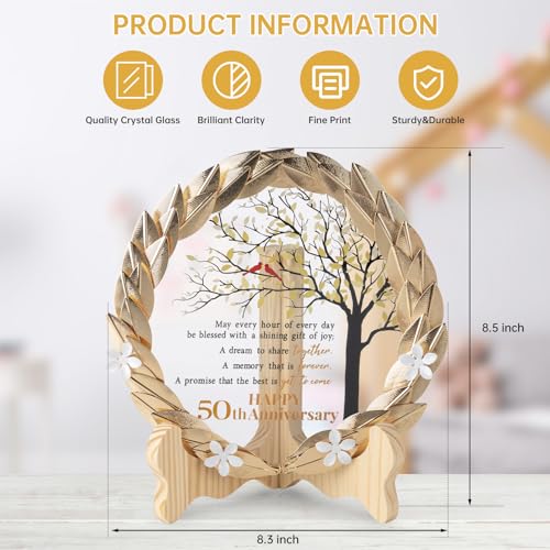 50th Anniversary Crystal Plaque with Golden Wreath Gift for Couples